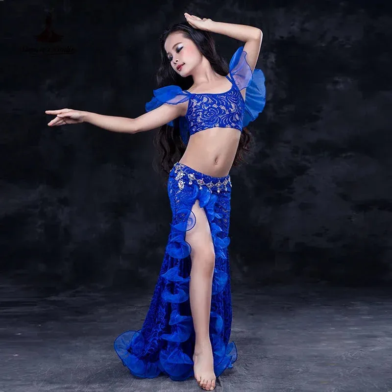 Girls Professional belly dancing clothes luxury sleeveless top lace split sirt 2pcs child dance set kids belly dance suit SML