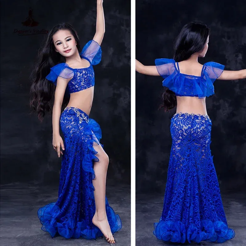 Girls Professional belly dancing clothes luxury sleeveless top lace split sirt 2pcs child dance set kids belly dance suit SML