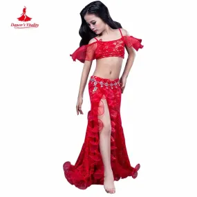 Girls Professional belly dancing clothes luxury sleeveless top lace split sirt 2pcs child dance set kids belly dance suit SML