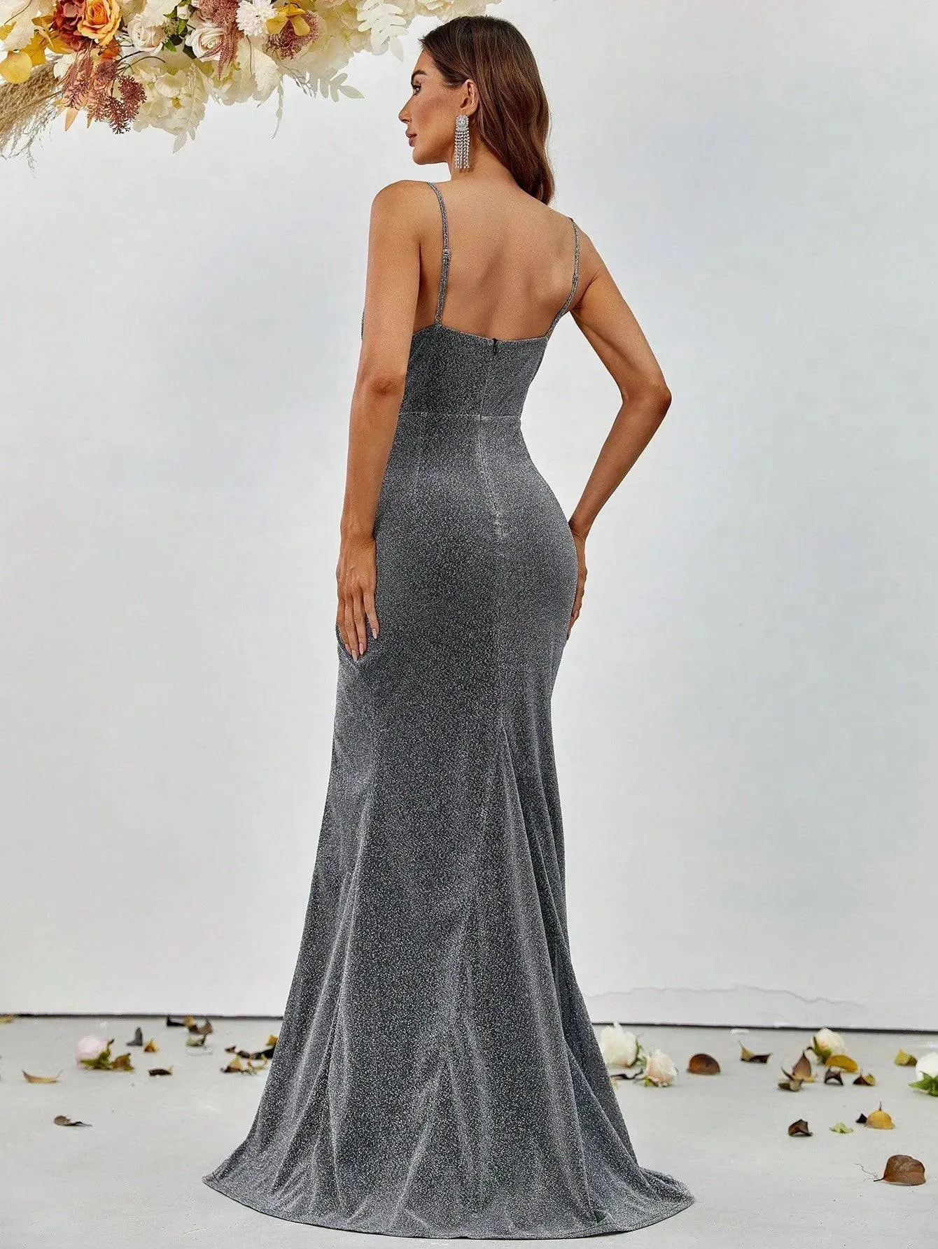 Glitter Spaghetti Strap Sleeveless Slit Party Dress