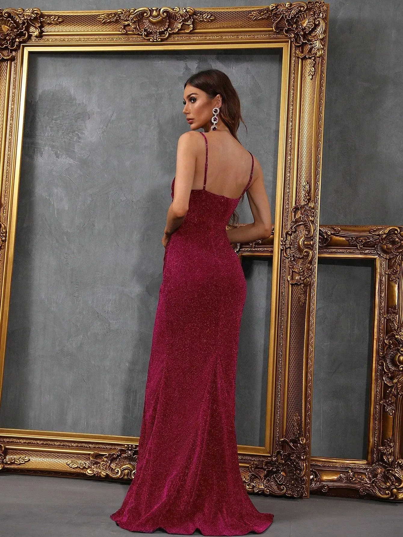 Glitter Spaghetti Strap Sleeveless Slit Party Dress