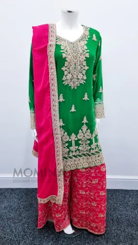 Green & Pink Embroidered Chiffon Palazzo Suit