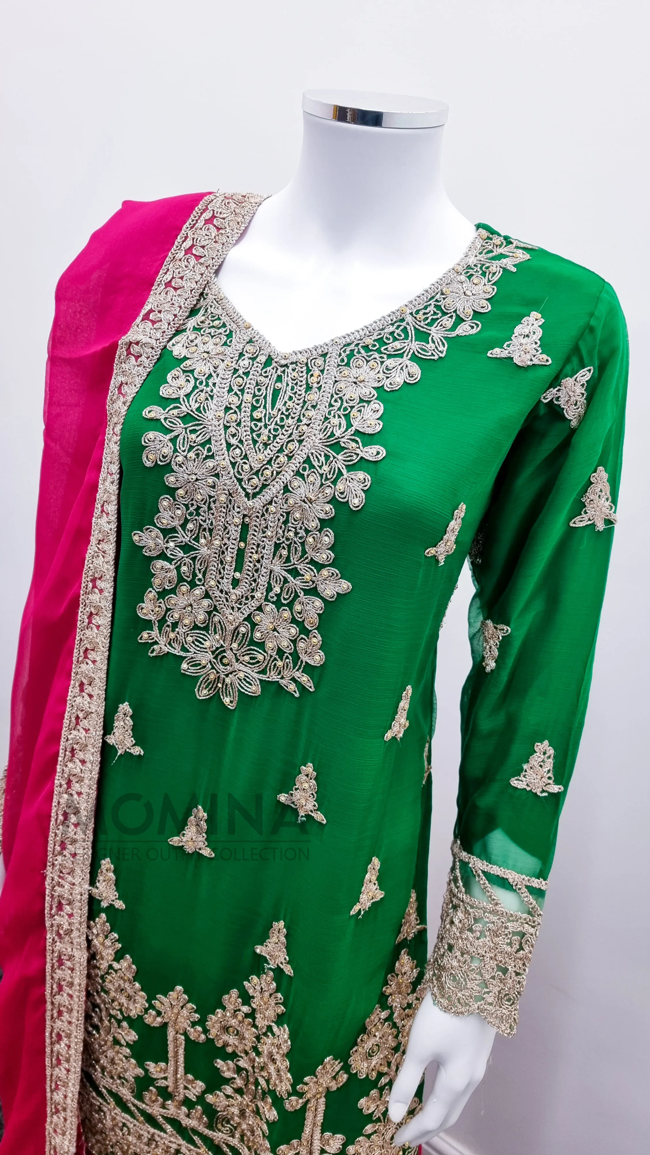 Green & Pink Embroidered Chiffon Palazzo Suit