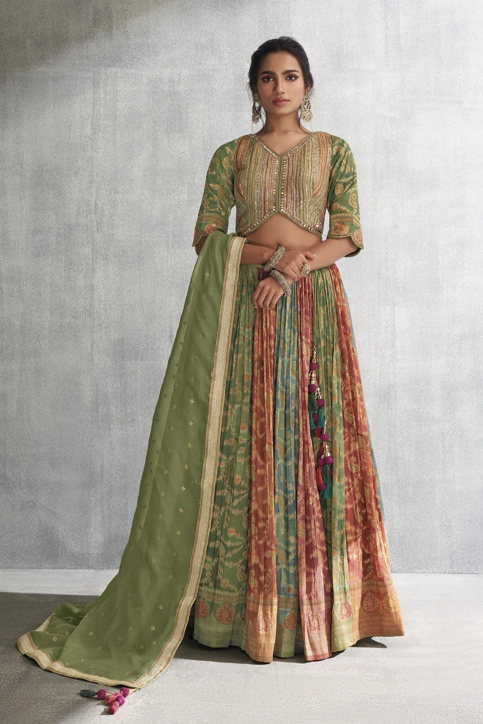 Green Banaras, Sequins, Beads and Zardozi work with Multicolor Crop Top Lehenga