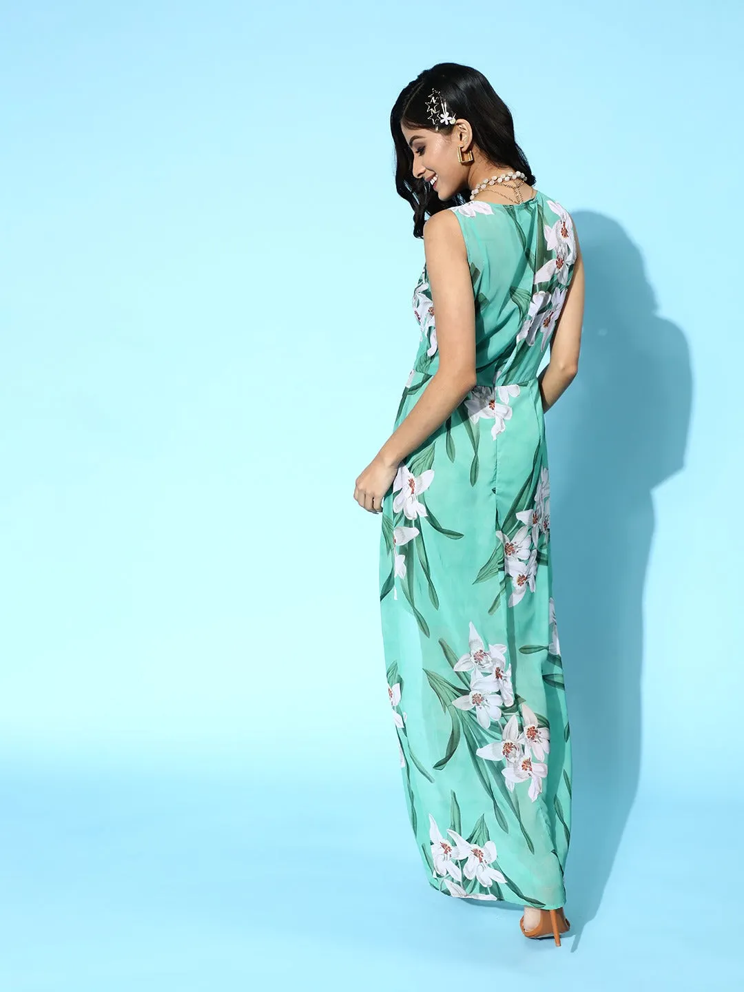 Green Floral Wrap Maxi Dress