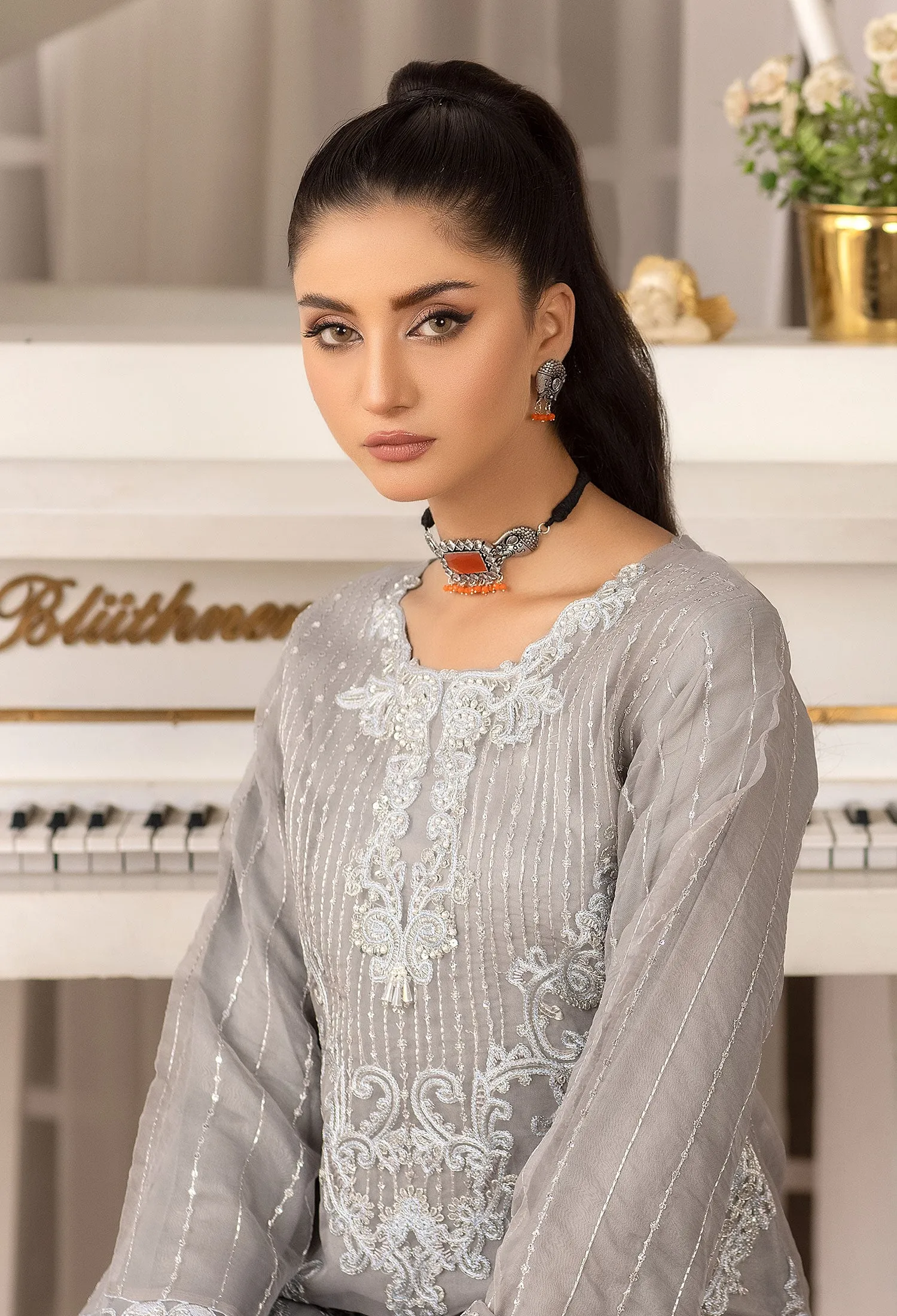 Grey Embroidered Organza 3-Piece Suit