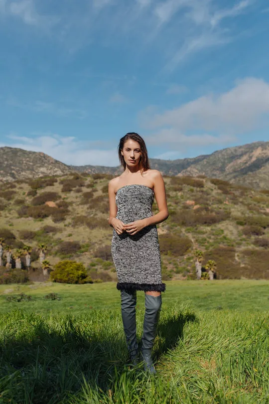 Grey Knit Skirt Dress with Feather Hem