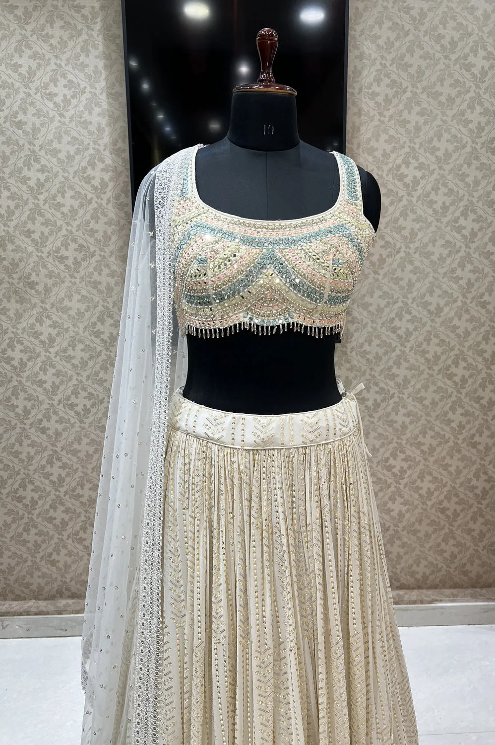 Half White Mirror, Stone, Beads and Sequins work Crop Top Lehenga