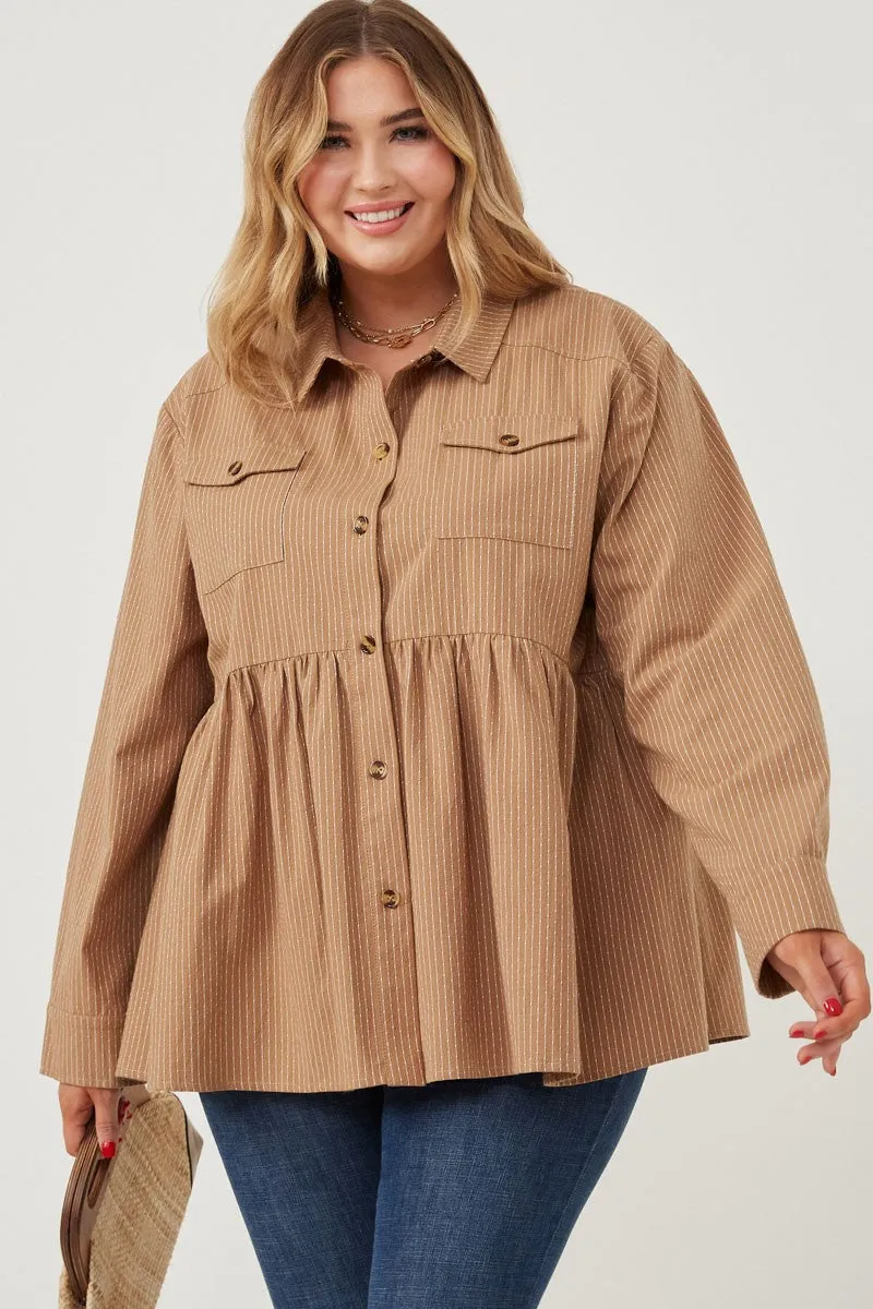 Hayden Long Sleeve Textured Pinstripe Peplum Button Up Shirt