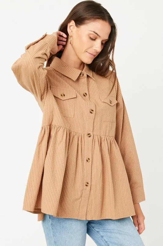 Hayden Long Sleeve Textured Pinstripe Peplum Button Up Shirt