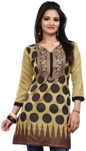 India Long Tunic Top Kurti Womens Printed Indian Apparel (Golden)