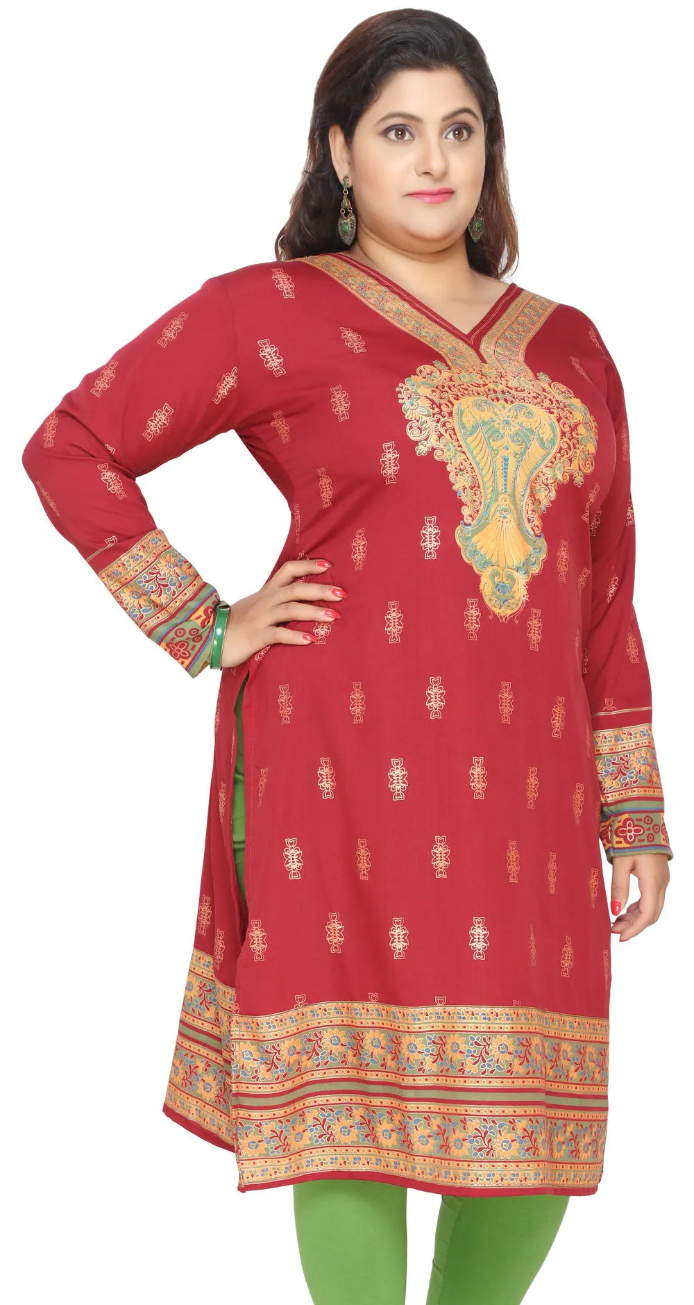 India Tunic Long Top Kurti Womens Plus Size Indian Clothes (Red)