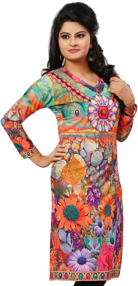 India Tunic Top Kurti Womens Printed Blouse Indian Apparel (Orange)