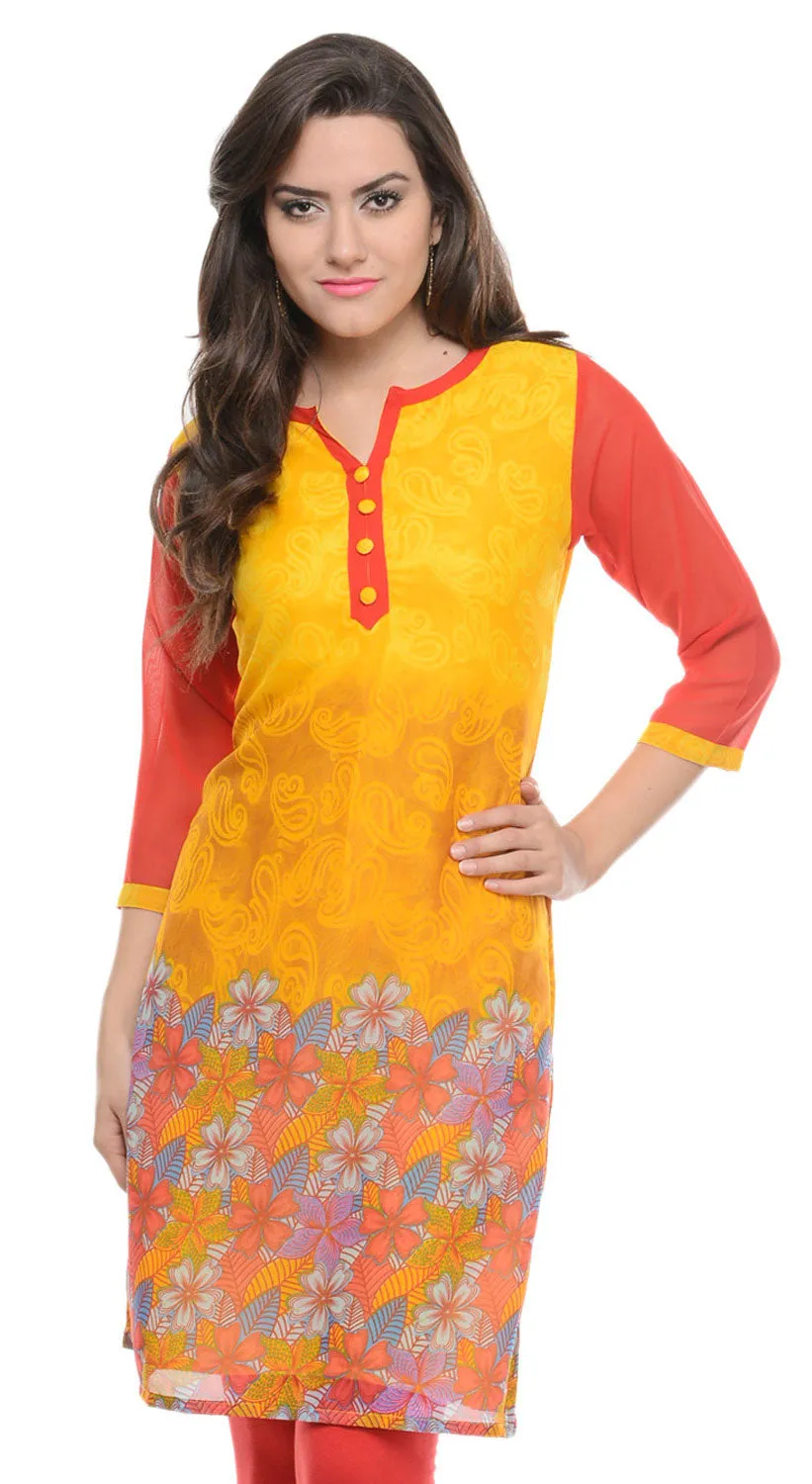 India Tunic Top Long Kurti Georgette Womens Printed Indian Clothing (Yellow)