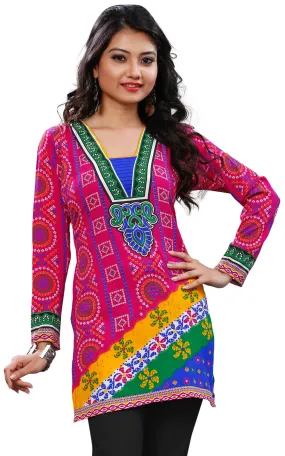 India Tunic Top Long  Kurti Womens Printed Indian Clothing (Pink)