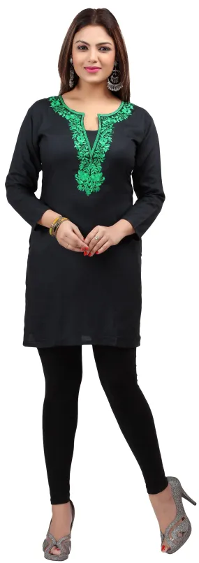 India Women's Tunic Top Kurti Embroidered Indian Clothing (Black/Green)