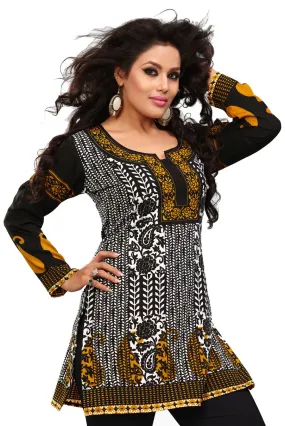 Indian Long Tunics Kurti Top Blouse Womens India Apparel (Black)