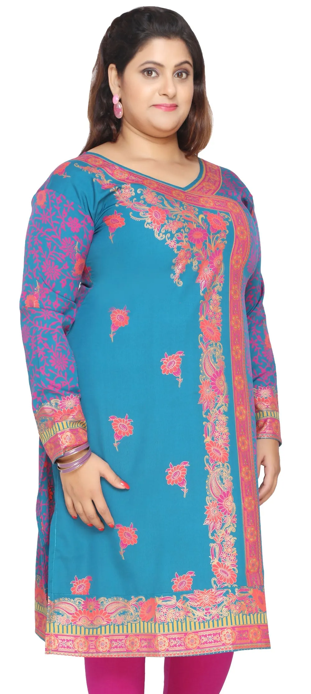 Indian Plus Size Tunics Kurti Long Top India Clothes (Blue)