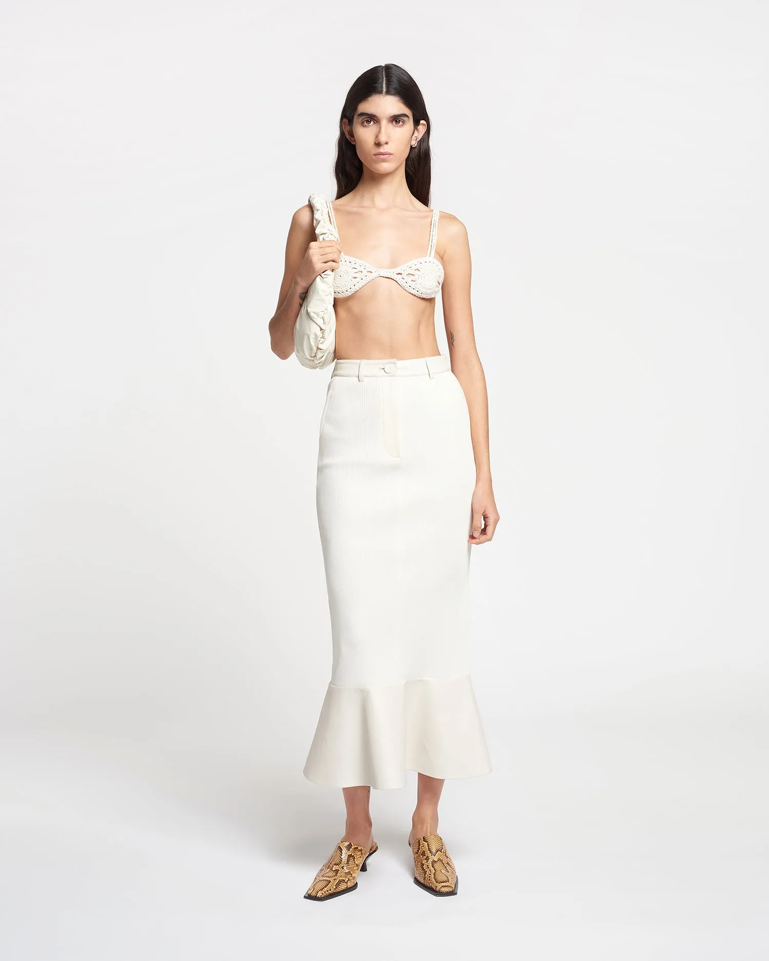 Jenace - Leather-Trimmed Ribbed-Jersey Skirt - Creme