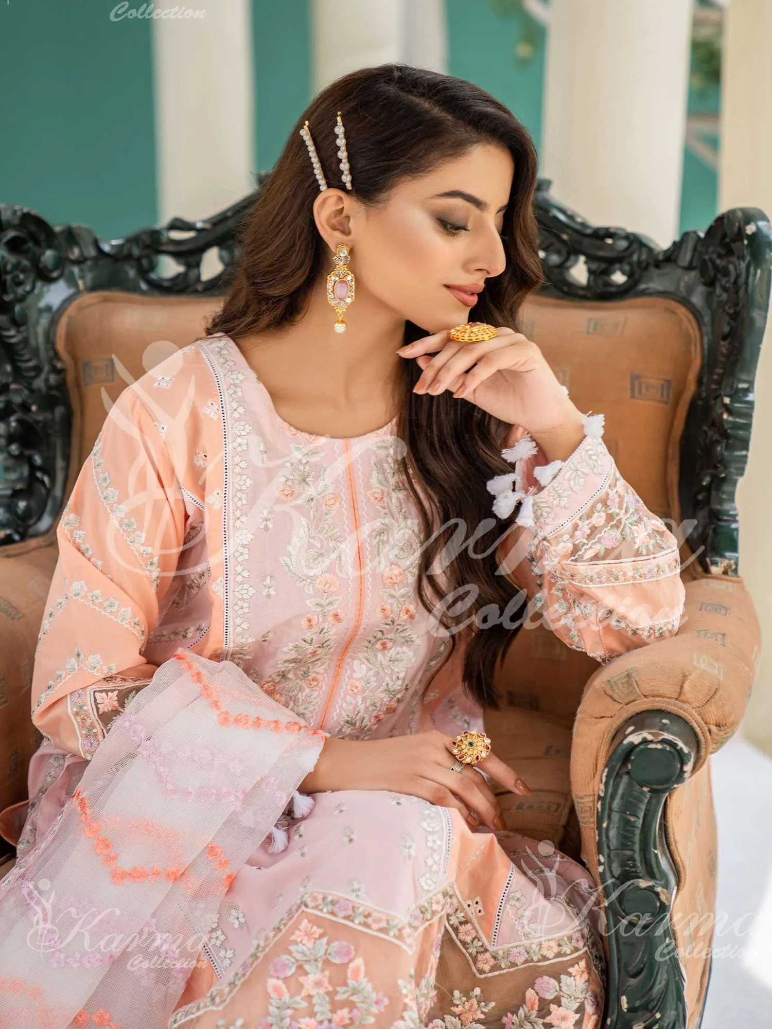 Karma Collection Pink & Peach Cotton Embellished 3-Piece Suit (1291)