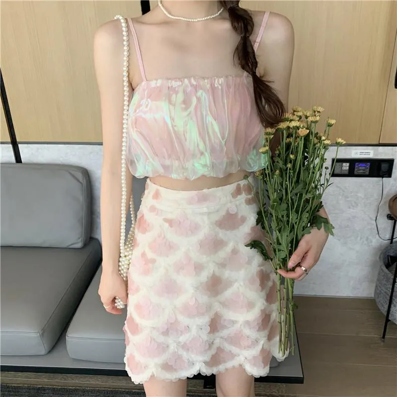 Kawaii Fancy Candy Color Crop Tops&Mermaid Skirts