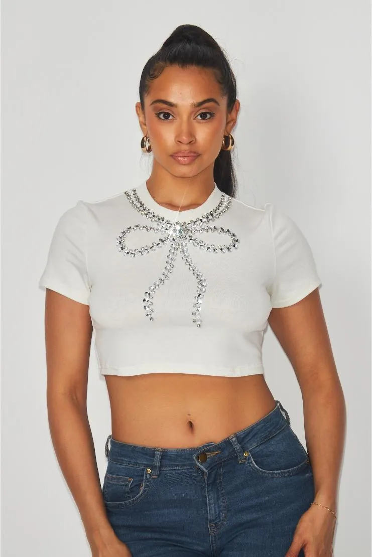 Kayla Rhinestone Bow Trim Crop Short Sleeve Top - White