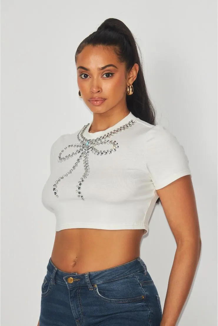 Kayla Rhinestone Bow Trim Crop Short Sleeve Top - White