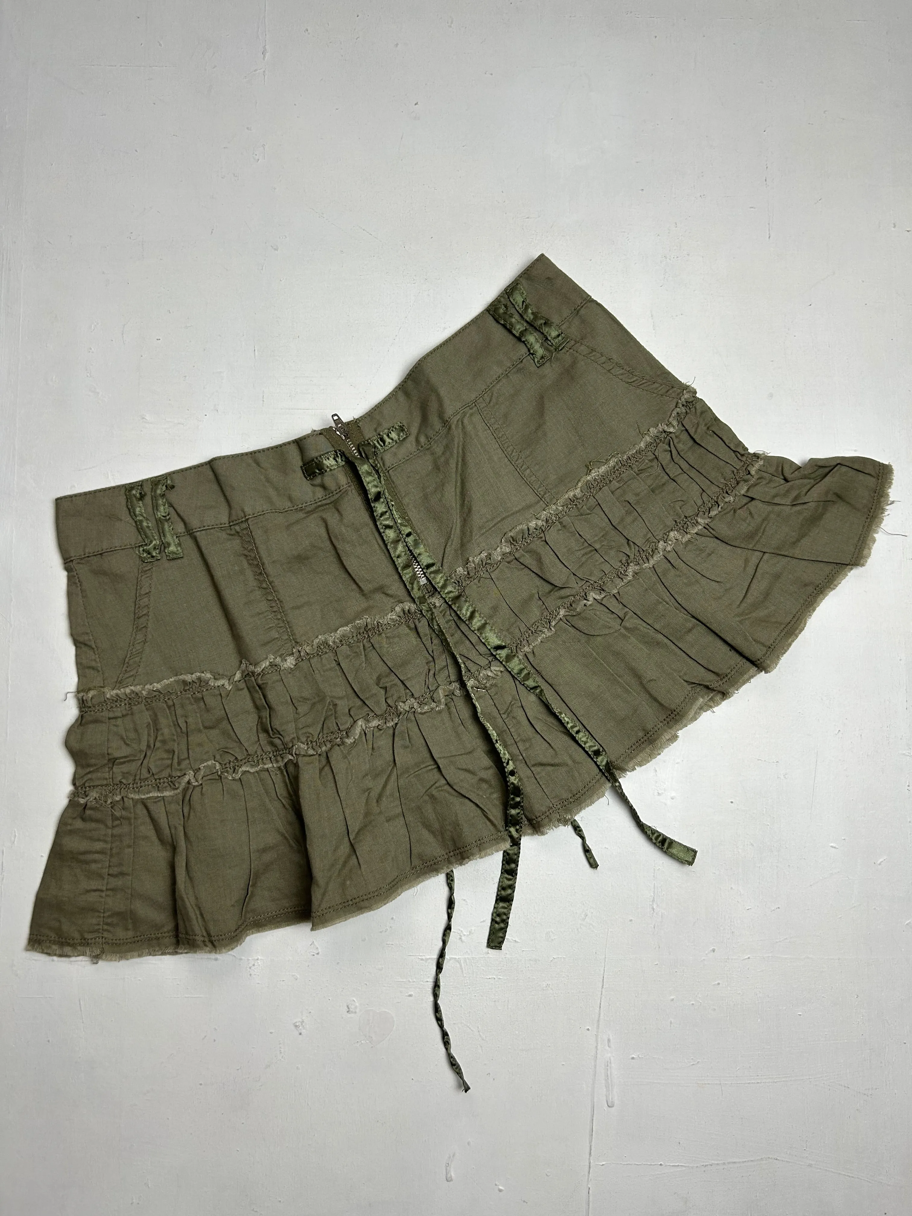 Khaki linen & cotton low rise pleated mini skirt (M)