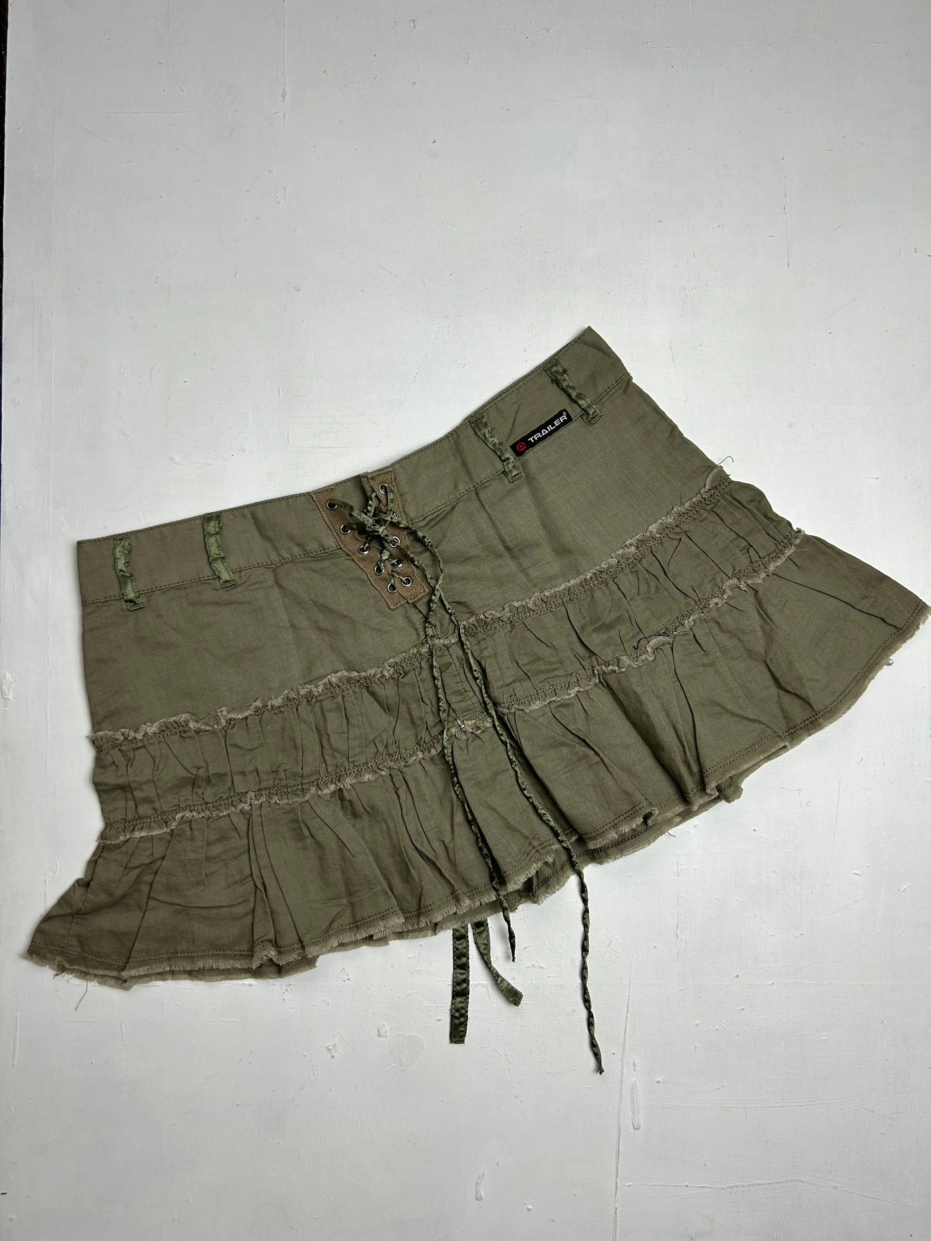 Khaki linen & cotton low rise pleated mini skirt (M)