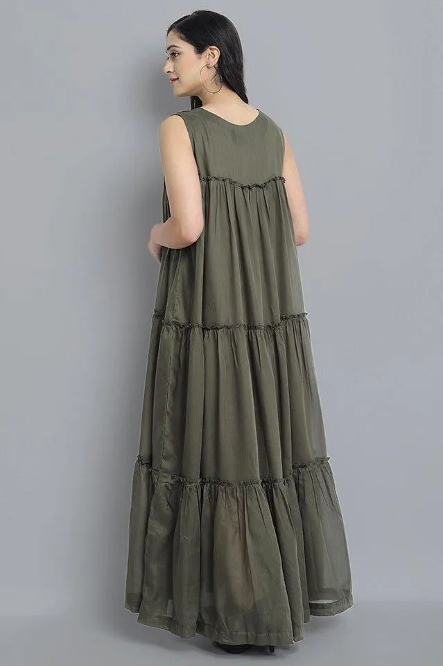 Khaki Mul Cotton Sleeveless Graduated Dress