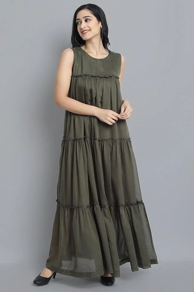 Khaki Mul Cotton Sleeveless Graduated Dress