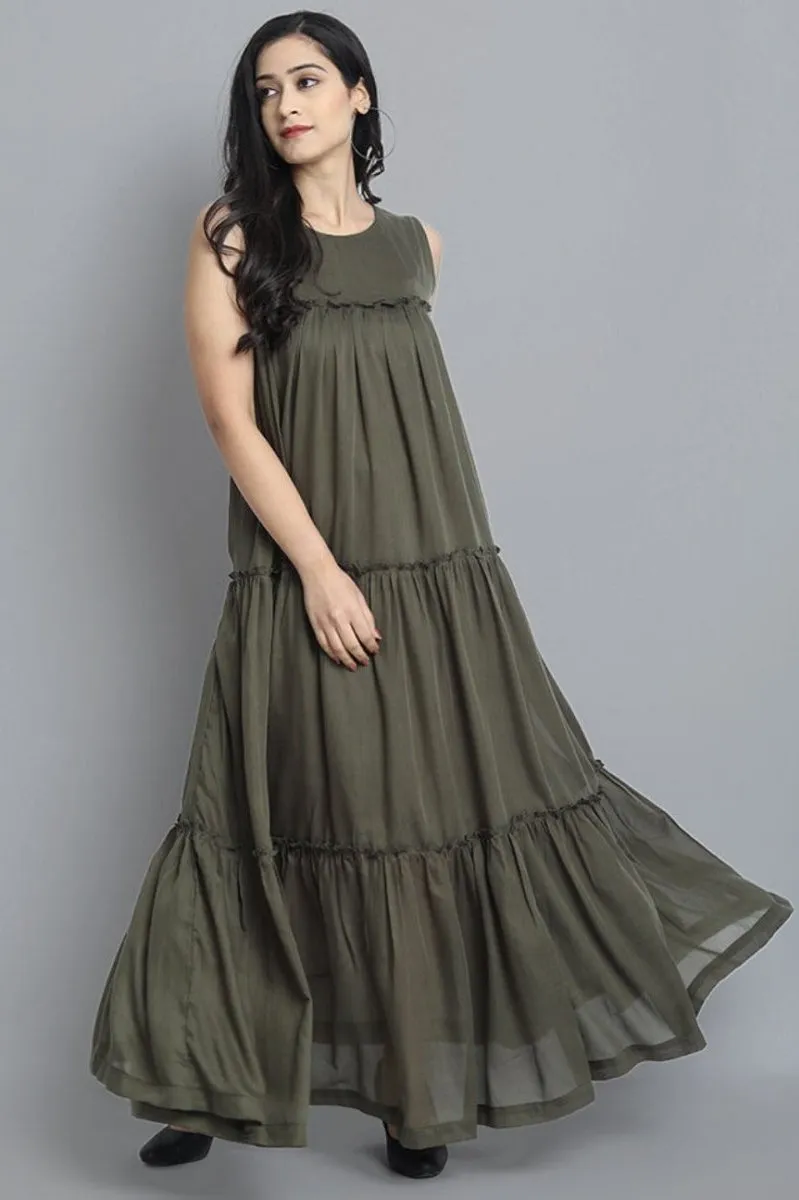 Khaki Mul Cotton Sleeveless Graduated Dress