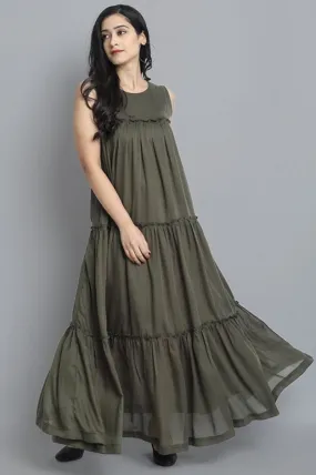 Khaki Mul Cotton Sleeveless Graduated Dress