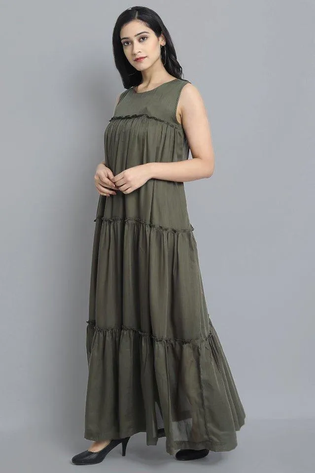 Khaki Mul Cotton Sleeveless Graduated Dress