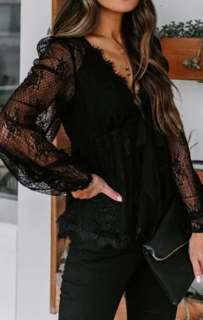 Lace Detail Plunge Long Sleeve Blouse