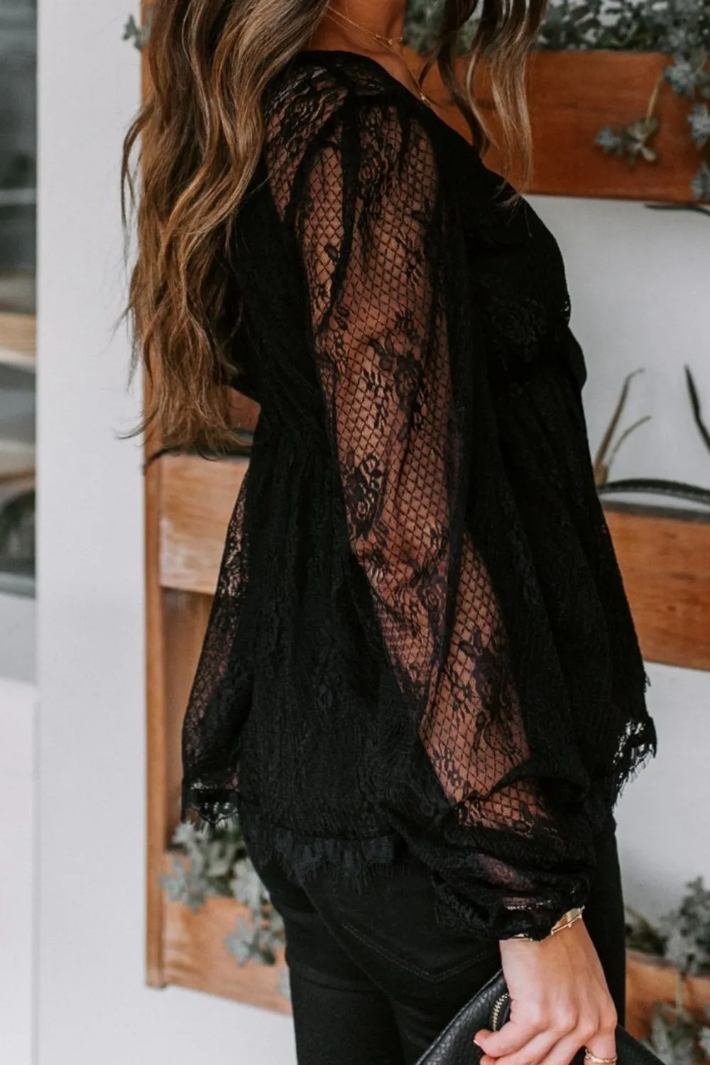 Lace Detail Plunge Long Sleeve Blouse