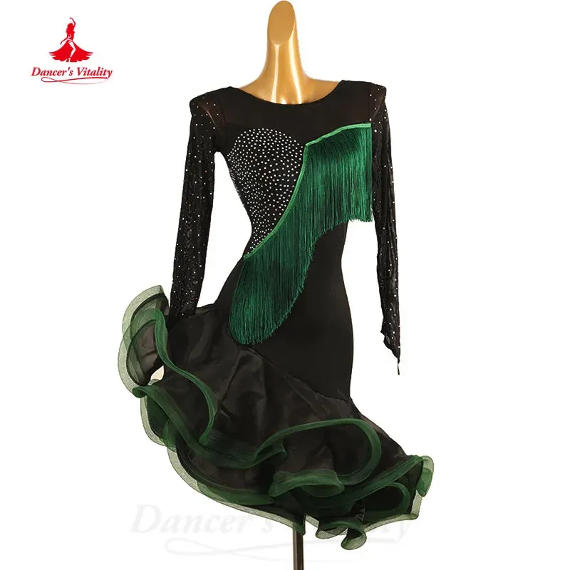 Latin Dance Clothing Customized Long Sleeved AB Stones Sexy Hip Wrap Skirt Adult and Children's Tango Rumba Performance Costumes