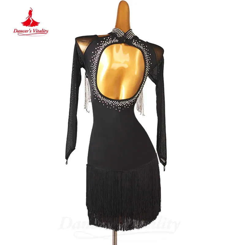 Latin Dance Clothing Customized Long Sleeved Sexy Backless Tassel Dress Adult Children Tango Chacha Lombard Performance Costumes