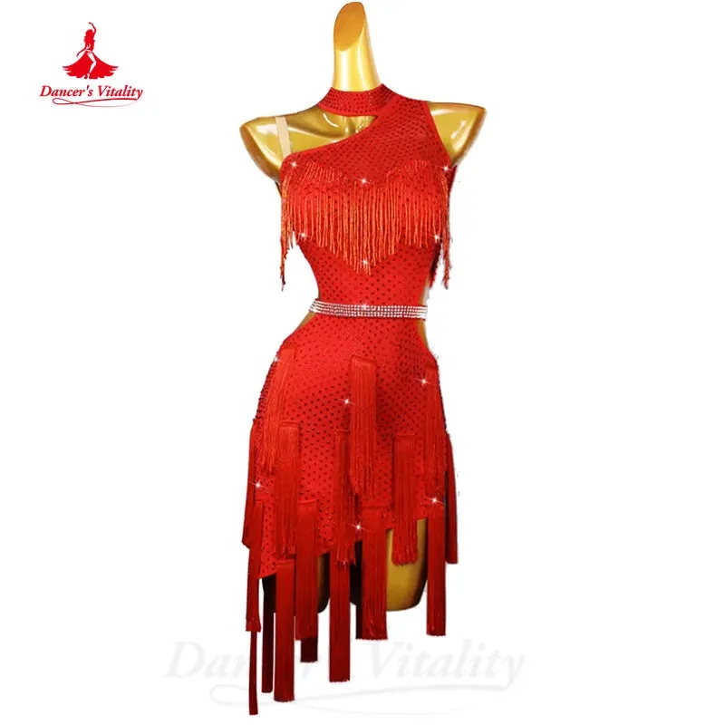 Latin Dance Clothing Customized  Luxury Rhinestone Sexy Tassel Dress Adults and Children Tango Chacha Samba Competition Dresses