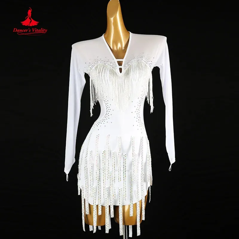 Latin Dance Competition Clothing Women Customized  Light Luxury Sexy Backless Tassel Dress Tango Chacha Performance Costume