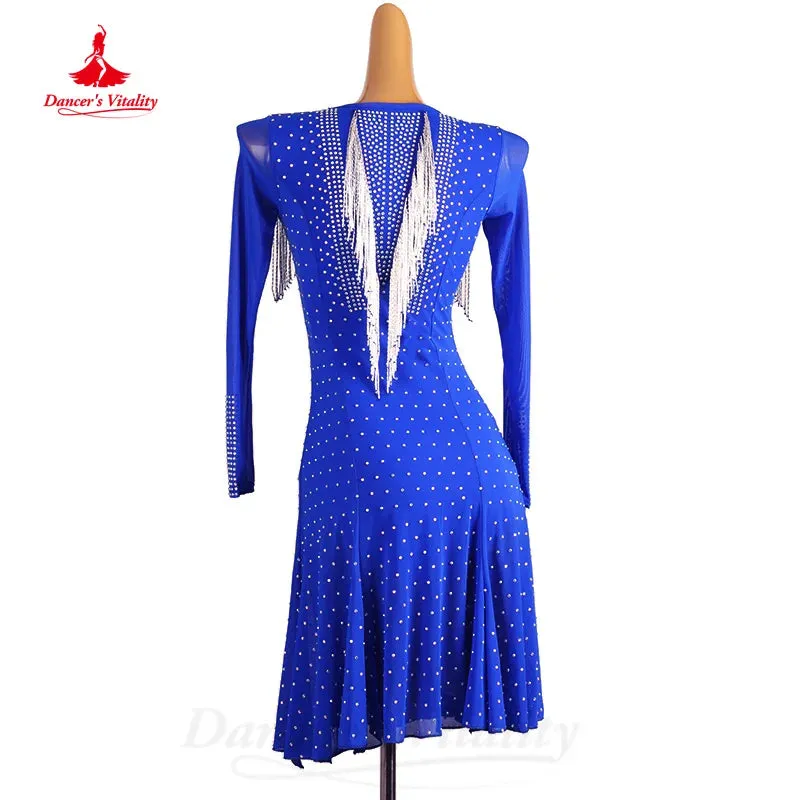 Latin Dance Competition Dresses Women Customized Long Sleeves Senior AB Stones Tassels Dress Tango Chacha Performance Costumes