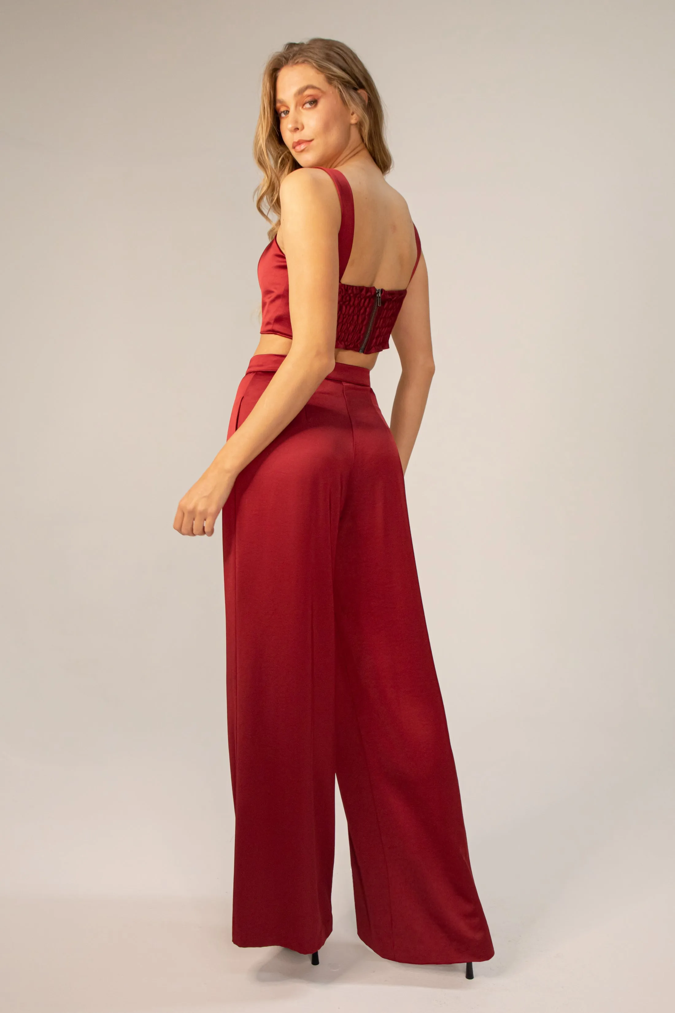 Lavender Brown Pleated Wide Leg Pant in Burgundy