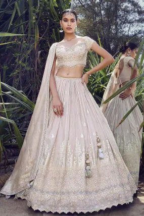 Light Onion Beads, Stone, Zardozi, Thread, Zari and Embroidery work Crop Top Lehenga