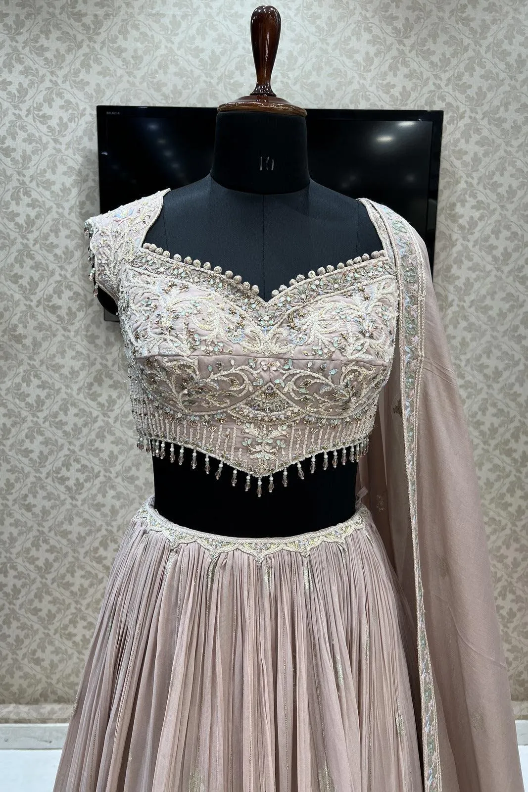 Light Onion Beads, Stone, Zardozi, Thread, Zari and Embroidery work Crop Top Lehenga