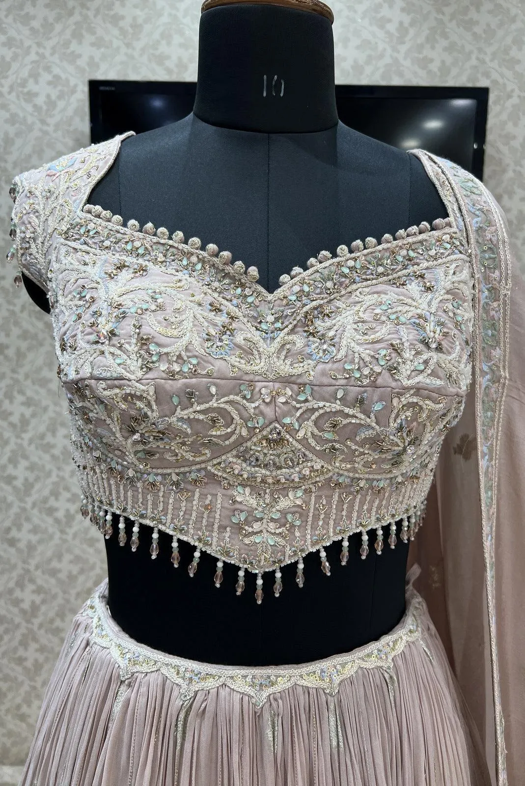 Light Onion Beads, Stone, Zardozi, Thread, Zari and Embroidery work Crop Top Lehenga