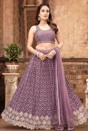 Light Purple Mirror, Beads, Stone, Kundan, Sequins and Zari work Crop Top Lehenga