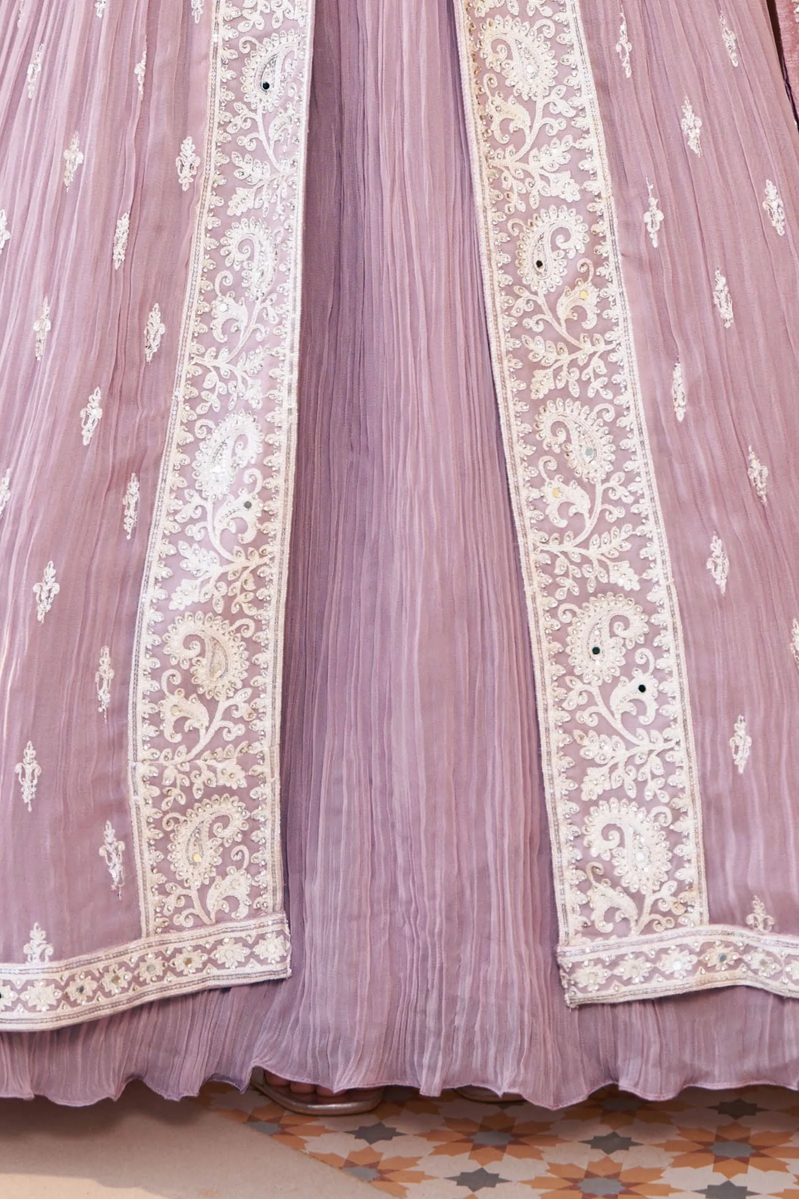 Lilac Embroidery, Stone and Mirror work Long Top Lehenga