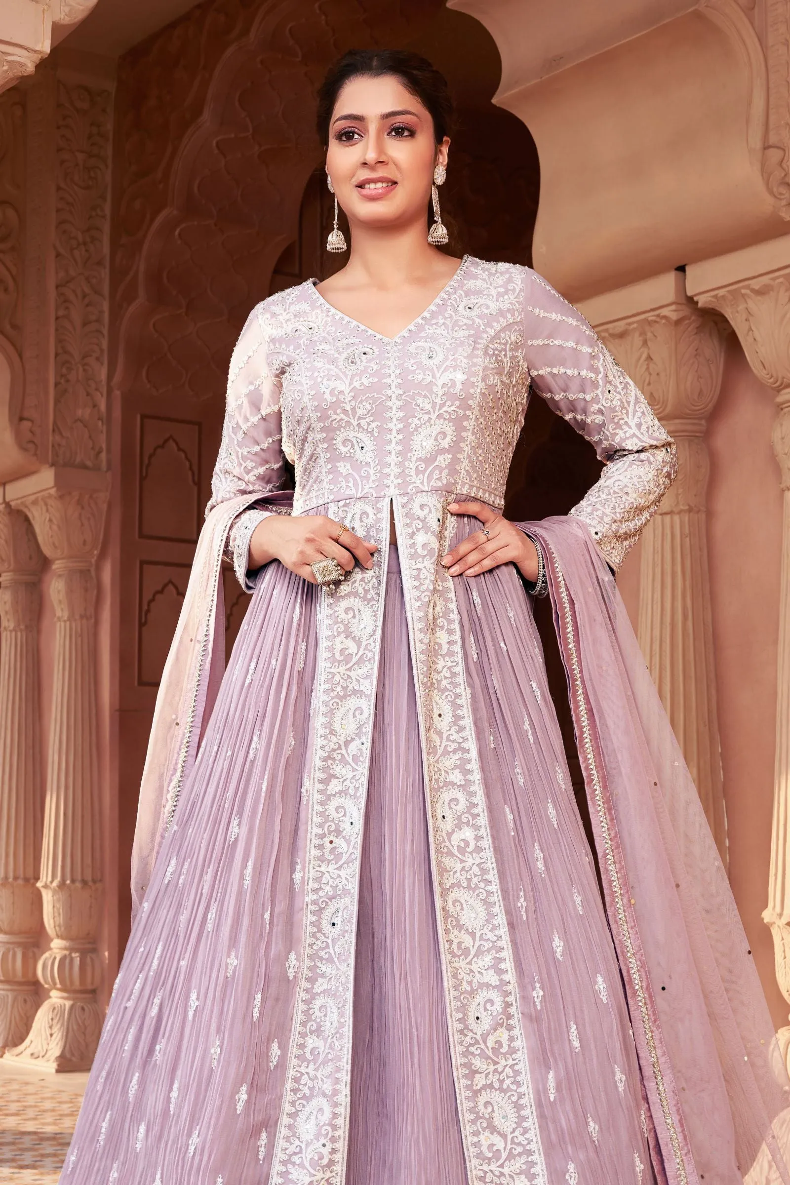 Lilac Embroidery, Stone and Mirror work Long Top Lehenga