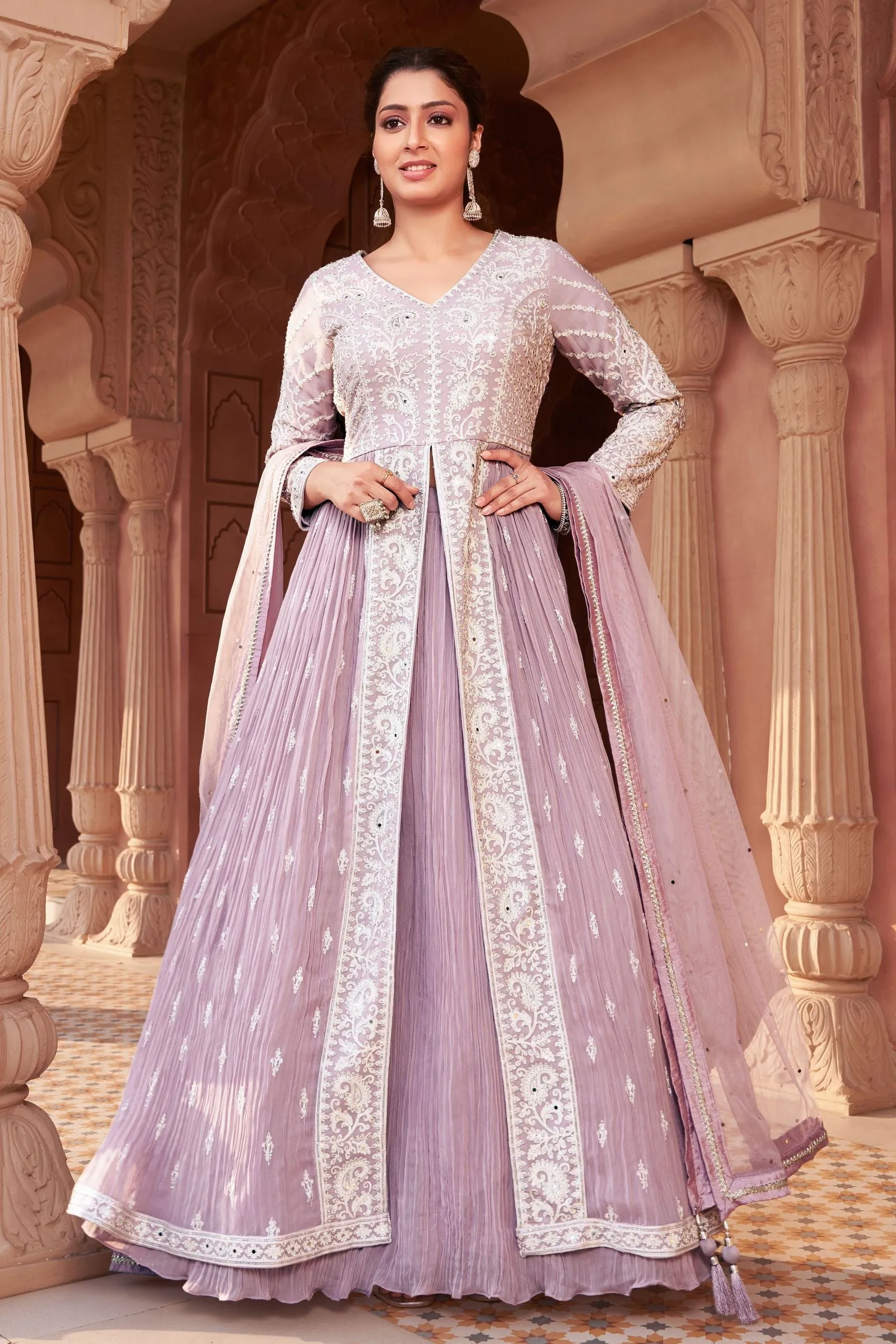 Lilac Embroidery, Stone and Mirror work Long Top Lehenga