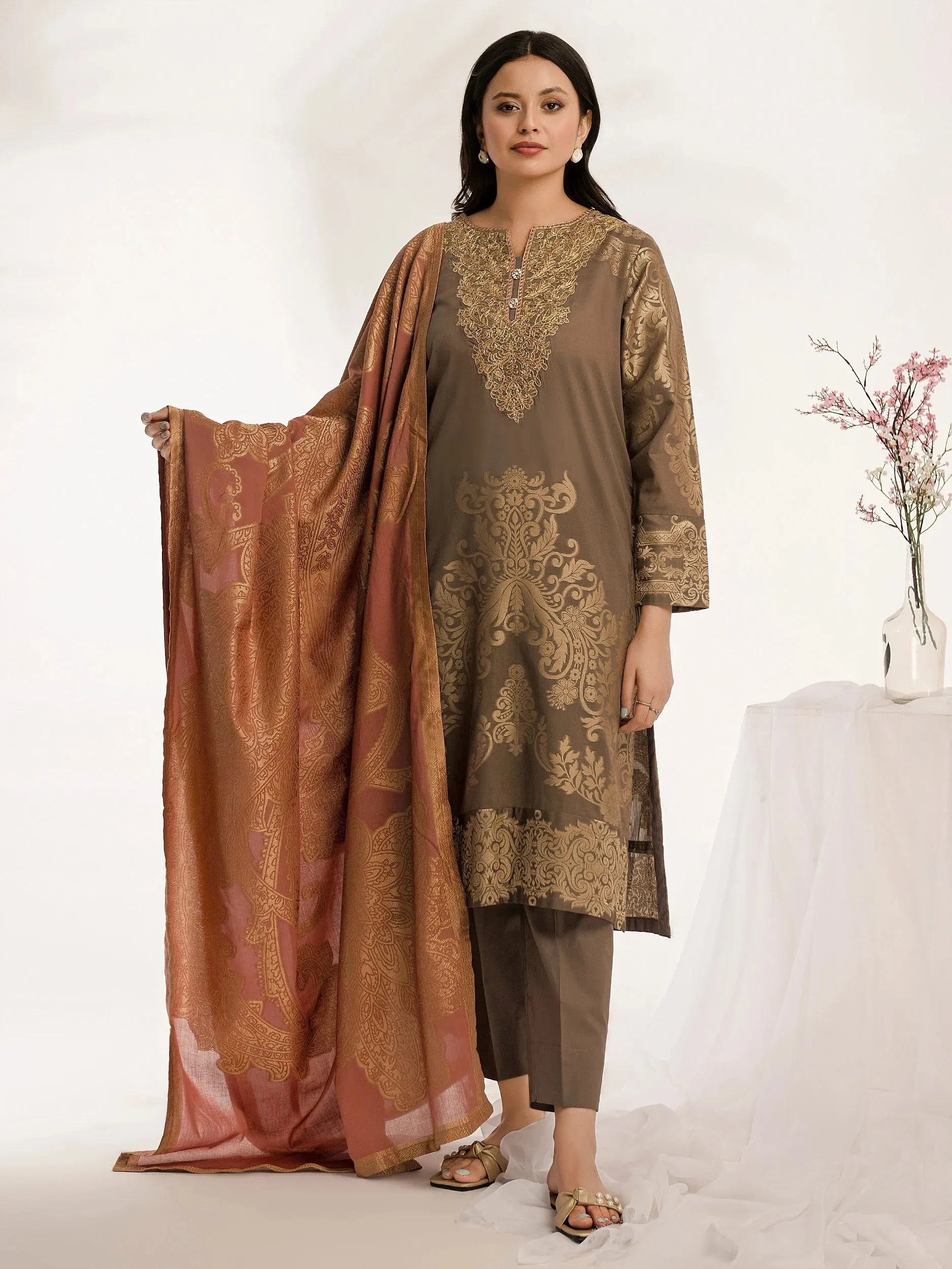 Limelight Brown Jacquard Embroidered 3-Piece Suit (P8772SU)